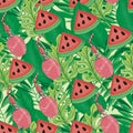 Watermelon smoothie on a background of tropical leaves